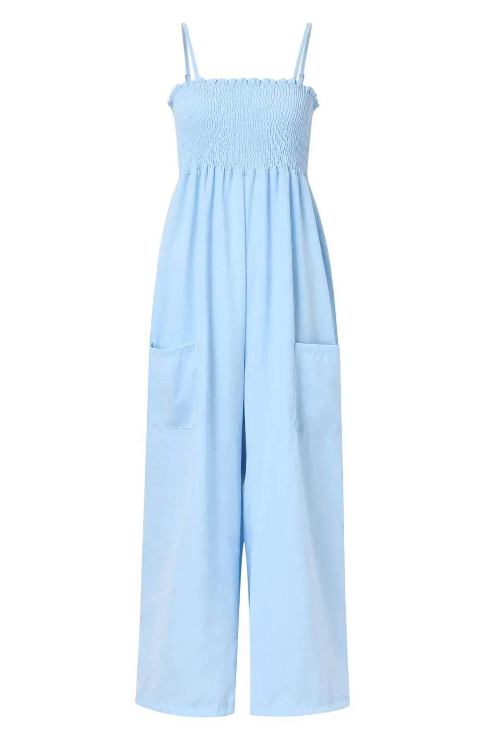 Bona Fide Fashion - Smocked Spaghetti Strap Wide Leg Jumpsuit - Women Fashion - Bona Fide Fashion