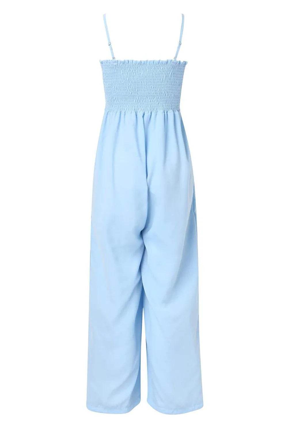 Bona Fide Fashion - Smocked Spaghetti Strap Wide Leg Jumpsuit - Women Fashion - Bona Fide Fashion