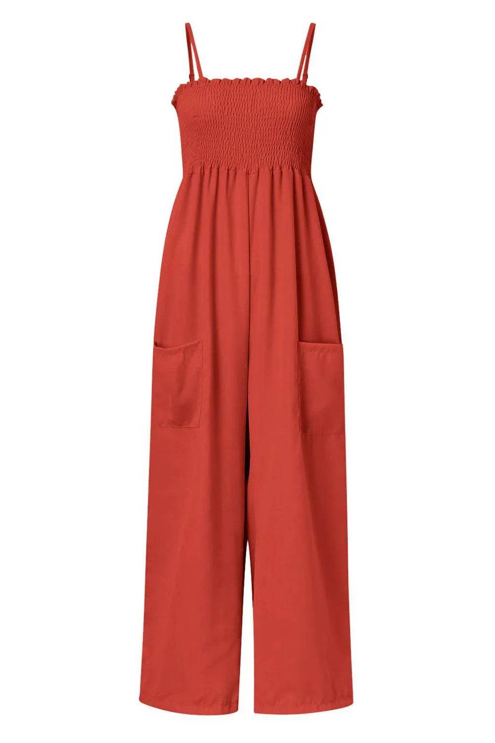 Bona Fide Fashion - Smocked Spaghetti Strap Wide Leg Jumpsuit - Women Fashion - Bona Fide Fashion