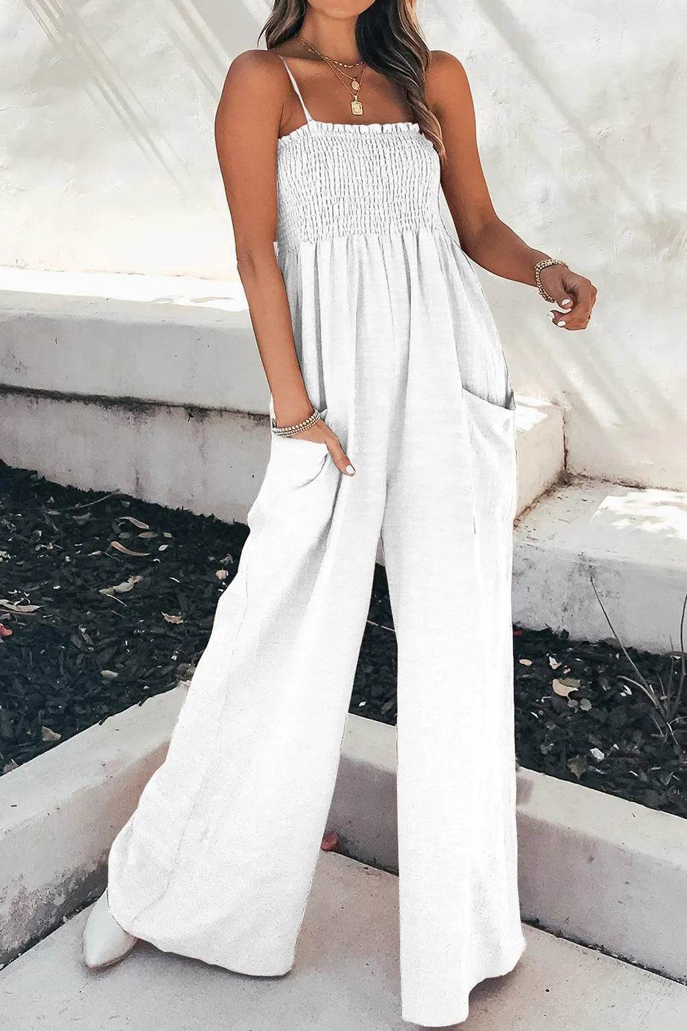 Bona Fide Fashion - Smocked Spaghetti Strap Wide Leg Jumpsuit - Women Fashion - Bona Fide Fashion