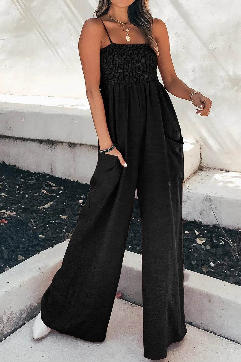 Bona Fide Fashion - Smocked Spaghetti Strap Wide Leg Jumpsuit - Women Fashion - Bona Fide Fashion