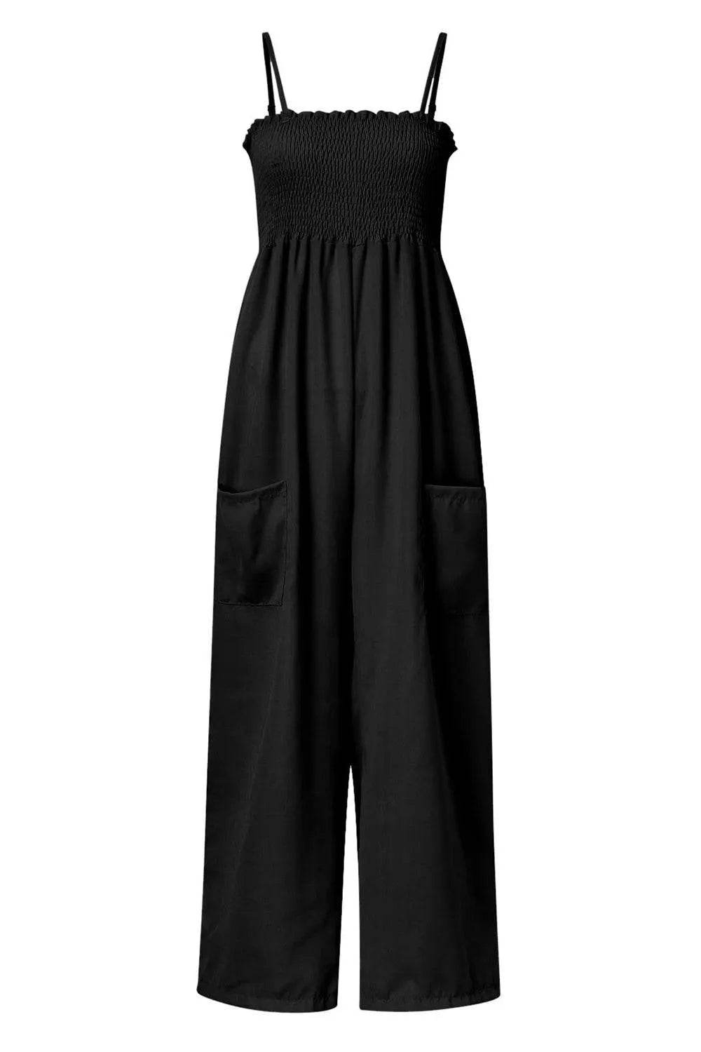 Bona Fide Fashion - Smocked Spaghetti Strap Wide Leg Jumpsuit - Women Fashion - Bona Fide Fashion