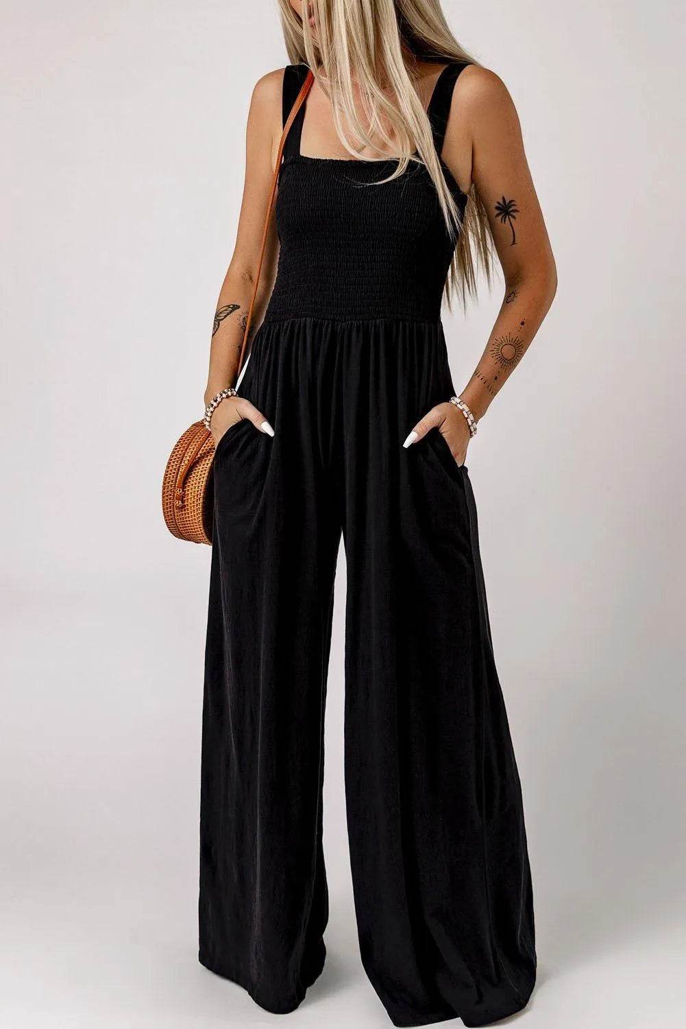 Bona Fide Fashion - Smocked Square Neck Wide Leg Jumpsuit with Pockets - Women Fashion - Bona Fide Fashion