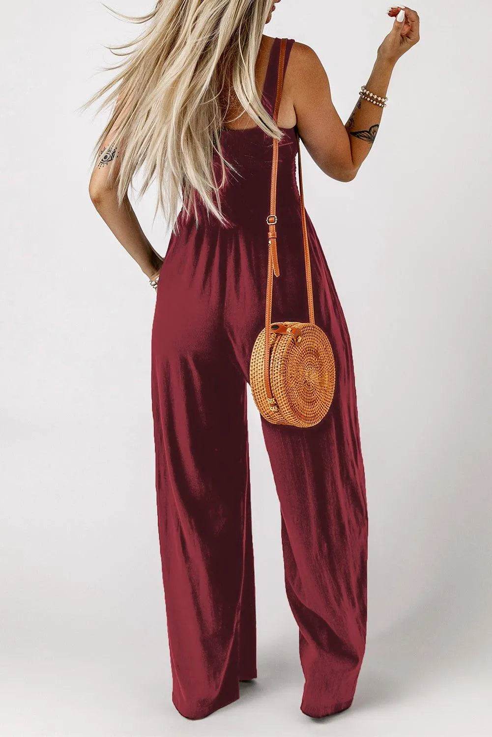 Bona Fide Fashion - Smocked Square Neck Wide Leg Jumpsuit with Pockets - Women Fashion - Bona Fide Fashion