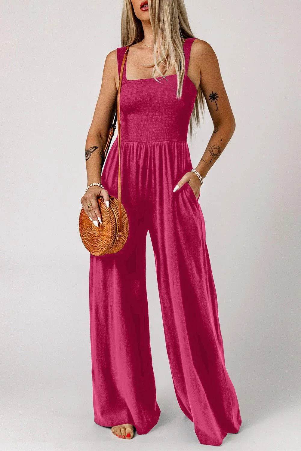 Bona Fide Fashion - Smocked Square Neck Wide Leg Jumpsuit with Pockets - Women Fashion - Bona Fide Fashion