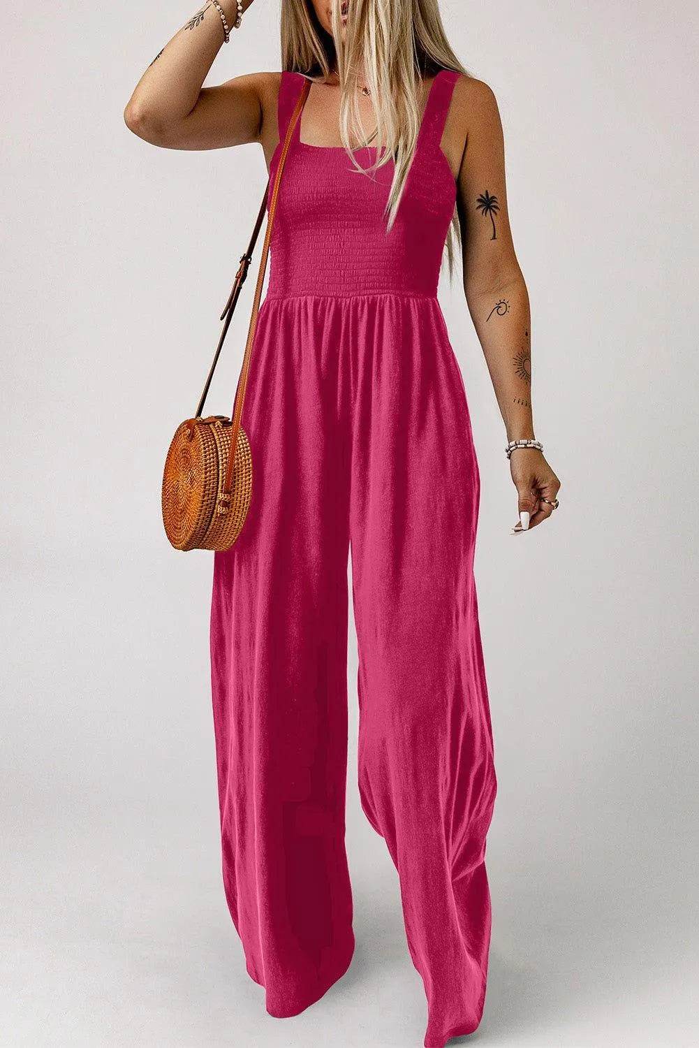 Bona Fide Fashion - Smocked Square Neck Wide Leg Jumpsuit with Pockets - Women Fashion - Bona Fide Fashion