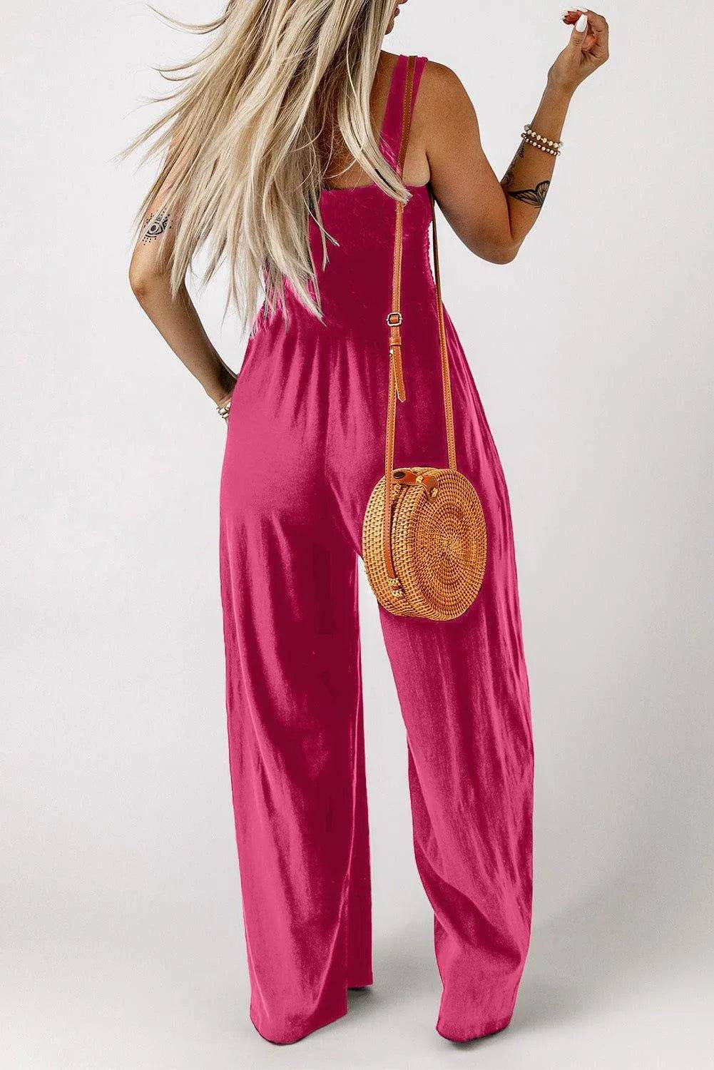 Bona Fide Fashion - Smocked Square Neck Wide Leg Jumpsuit with Pockets - Women Fashion - Bona Fide Fashion