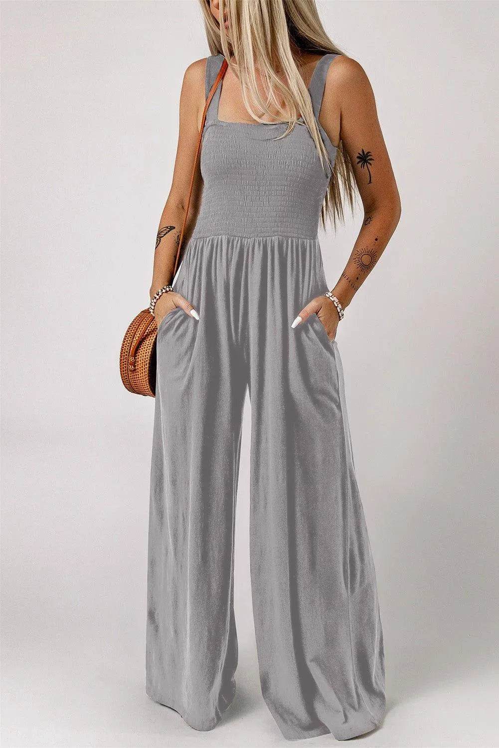 Bona Fide Fashion - Smocked Square Neck Wide Leg Jumpsuit with Pockets - Women Fashion - Bona Fide Fashion