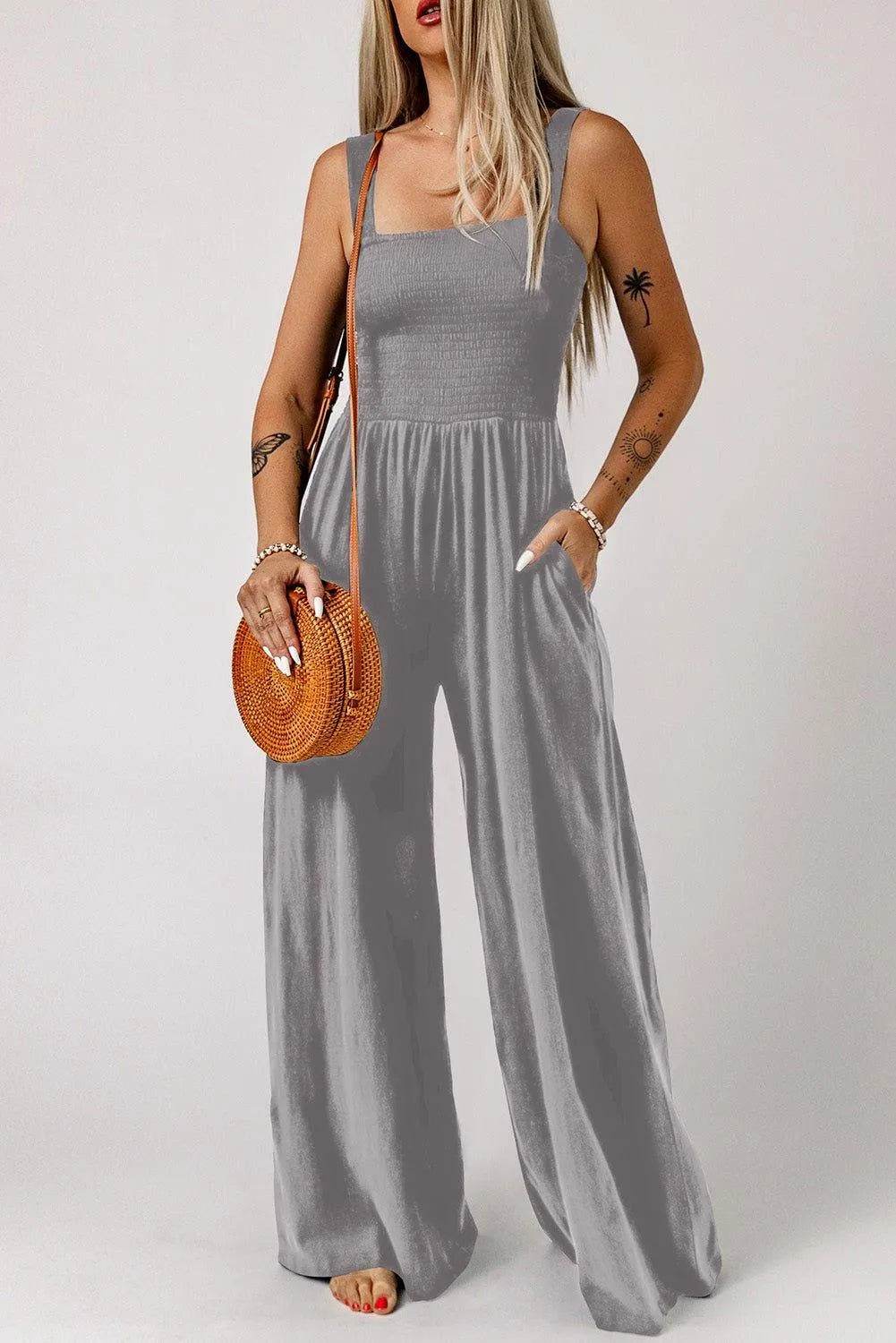 Bona Fide Fashion - Smocked Square Neck Wide Leg Jumpsuit with Pockets - Women Fashion - Bona Fide Fashion