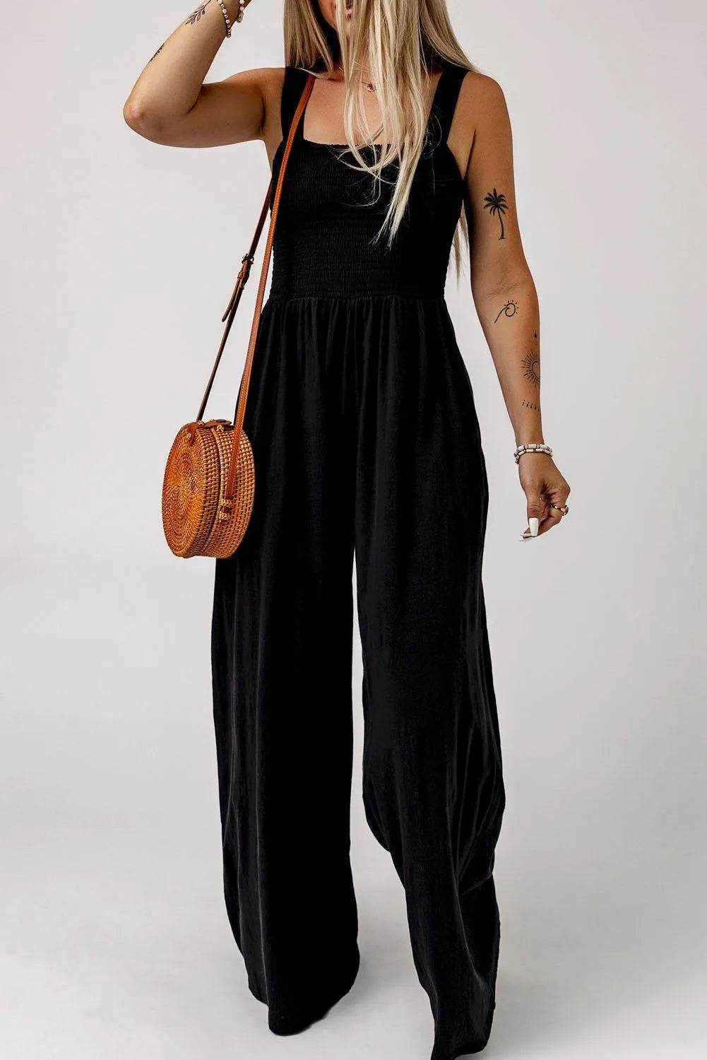 Bona Fide Fashion - Smocked Square Neck Wide Leg Jumpsuit with Pockets - Women Fashion - Bona Fide Fashion