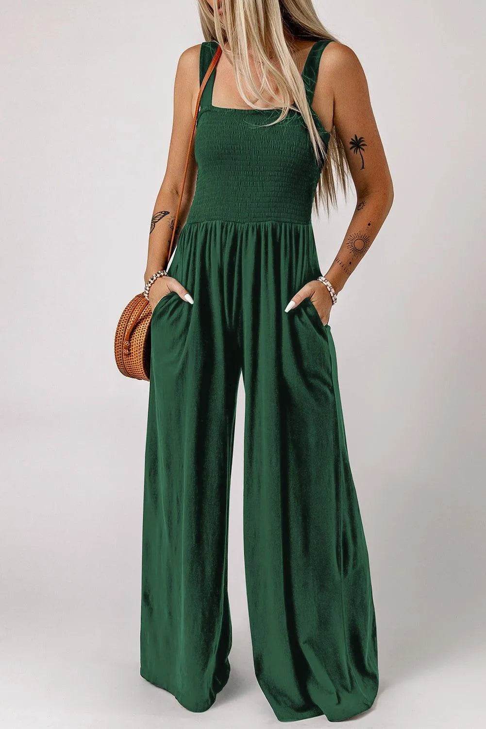 Bona Fide Fashion - Smocked Square Neck Wide Leg Jumpsuit with Pockets - Women Fashion - Bona Fide Fashion