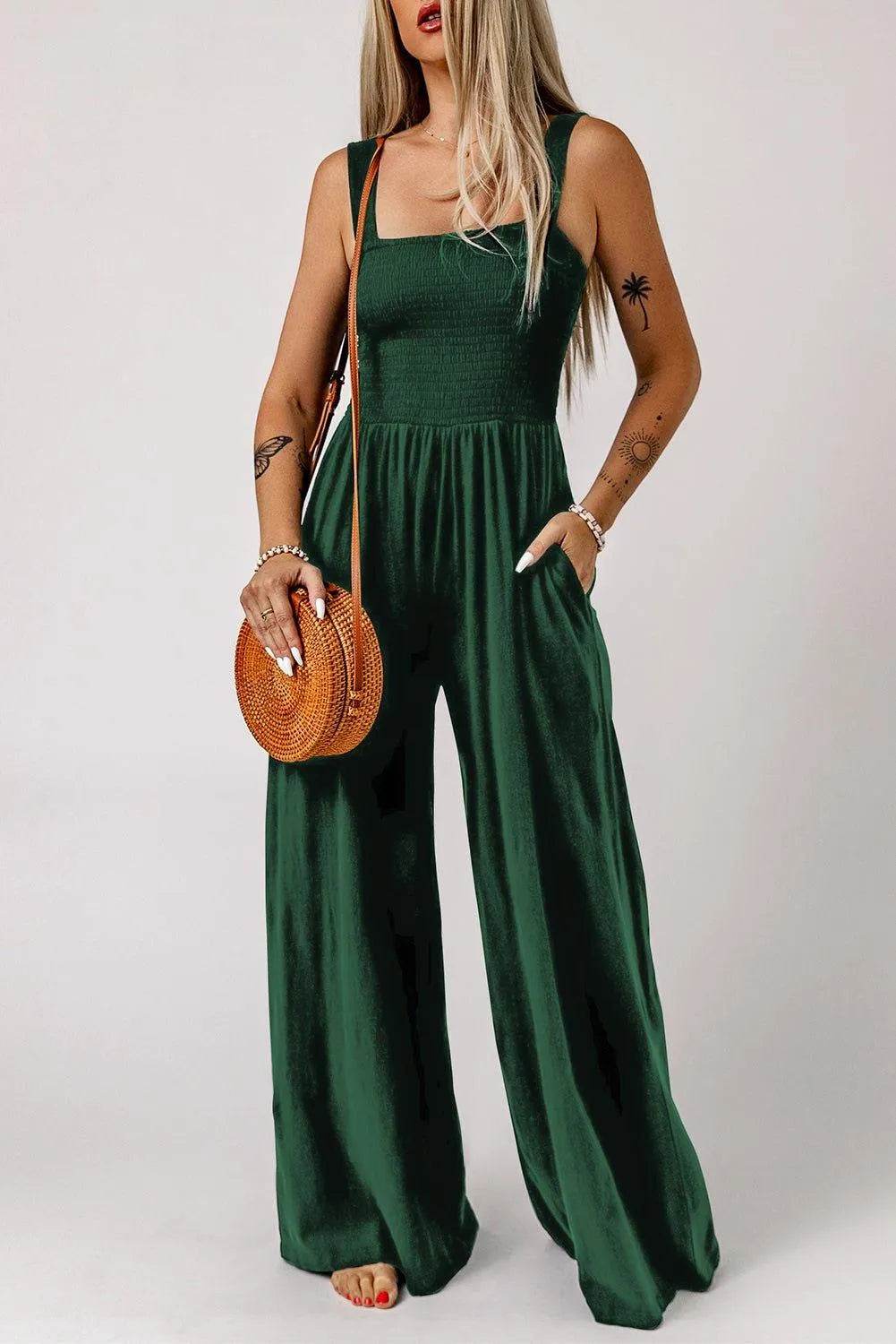 Bona Fide Fashion - Smocked Square Neck Wide Leg Jumpsuit with Pockets - Women Fashion - Bona Fide Fashion