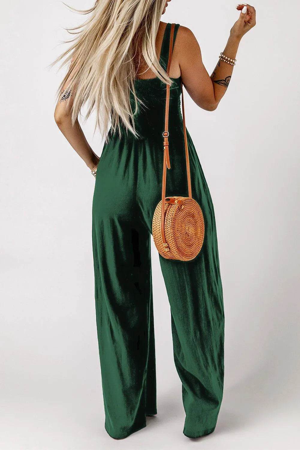 Bona Fide Fashion - Smocked Square Neck Wide Leg Jumpsuit with Pockets - Women Fashion - Bona Fide Fashion