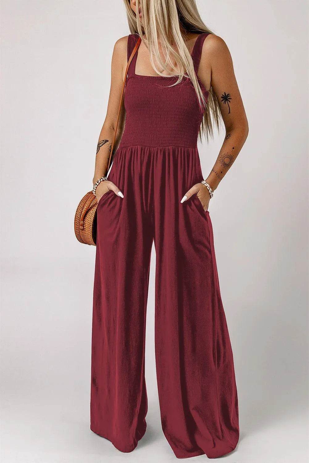 Bona Fide Fashion - Smocked Square Neck Wide Leg Jumpsuit with Pockets - Women Fashion - Bona Fide Fashion