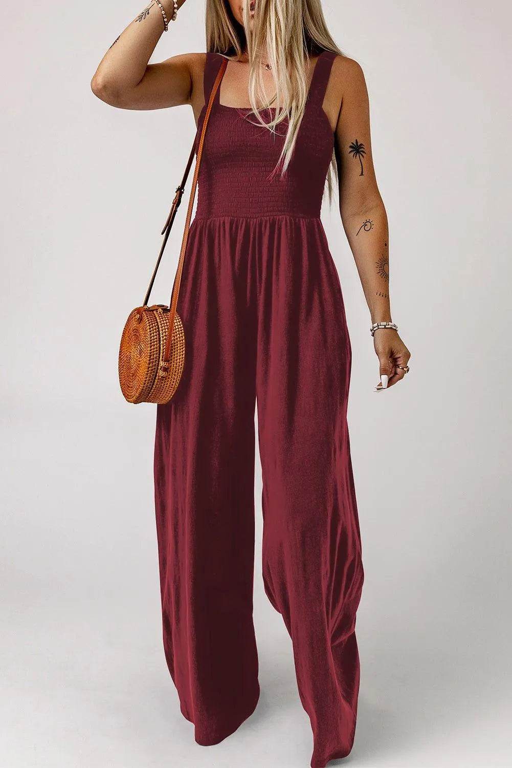 Bona Fide Fashion - Smocked Square Neck Wide Leg Jumpsuit with Pockets - Women Fashion - Bona Fide Fashion