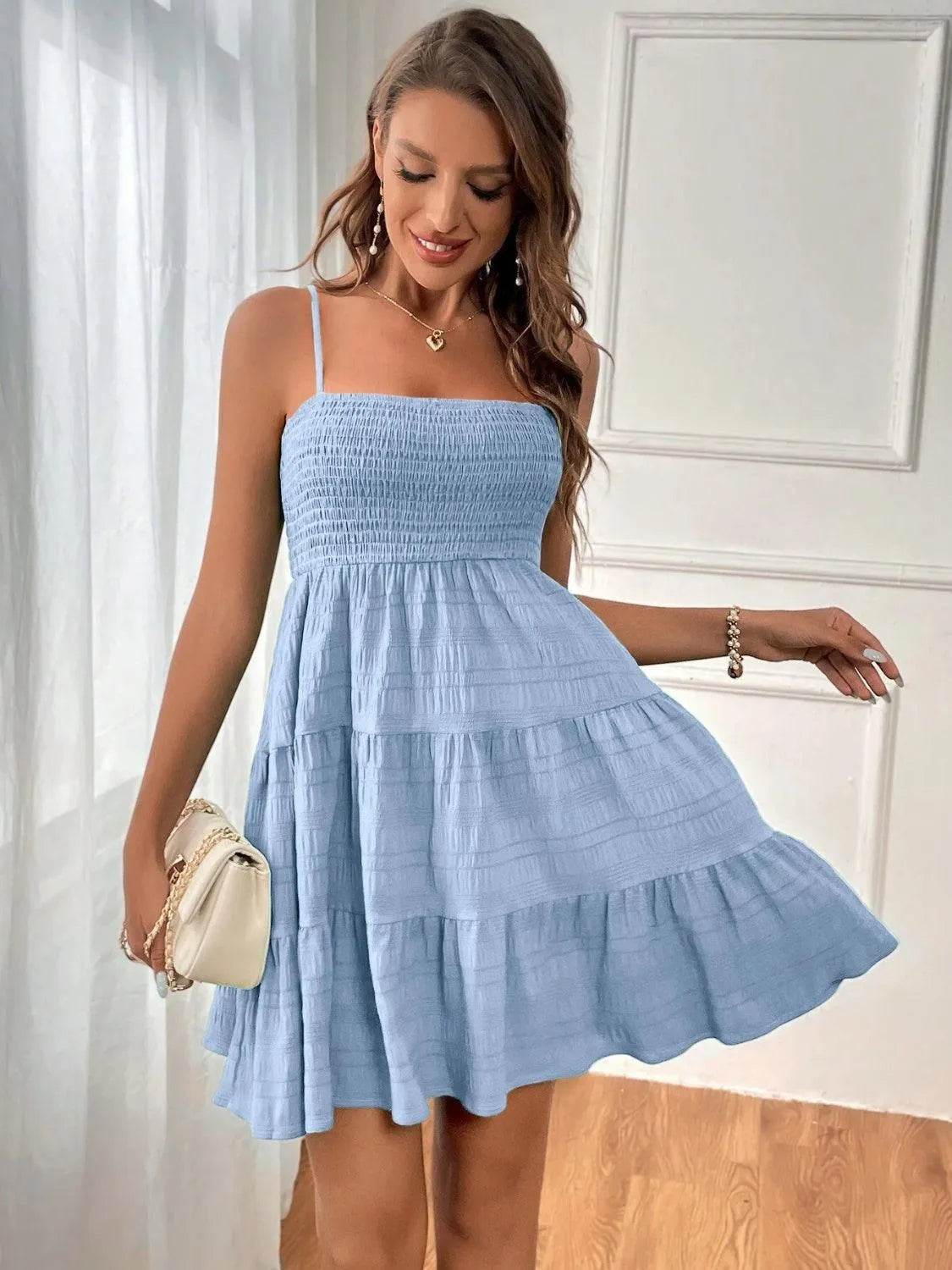 Bona Fide Fashion - Smocked Tiered Sleeveless Mini Dress - Women Fashion - Bona Fide Fashion
