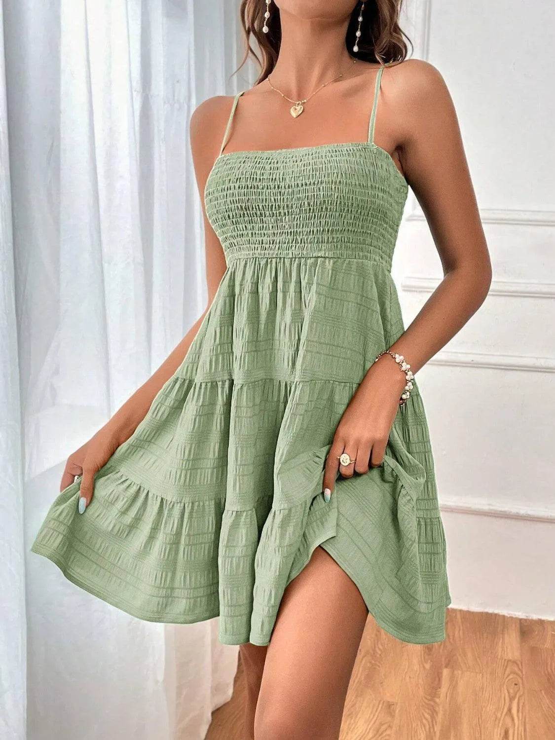 Bona Fide Fashion - Smocked Tiered Sleeveless Mini Dress - Women Fashion - Bona Fide Fashion