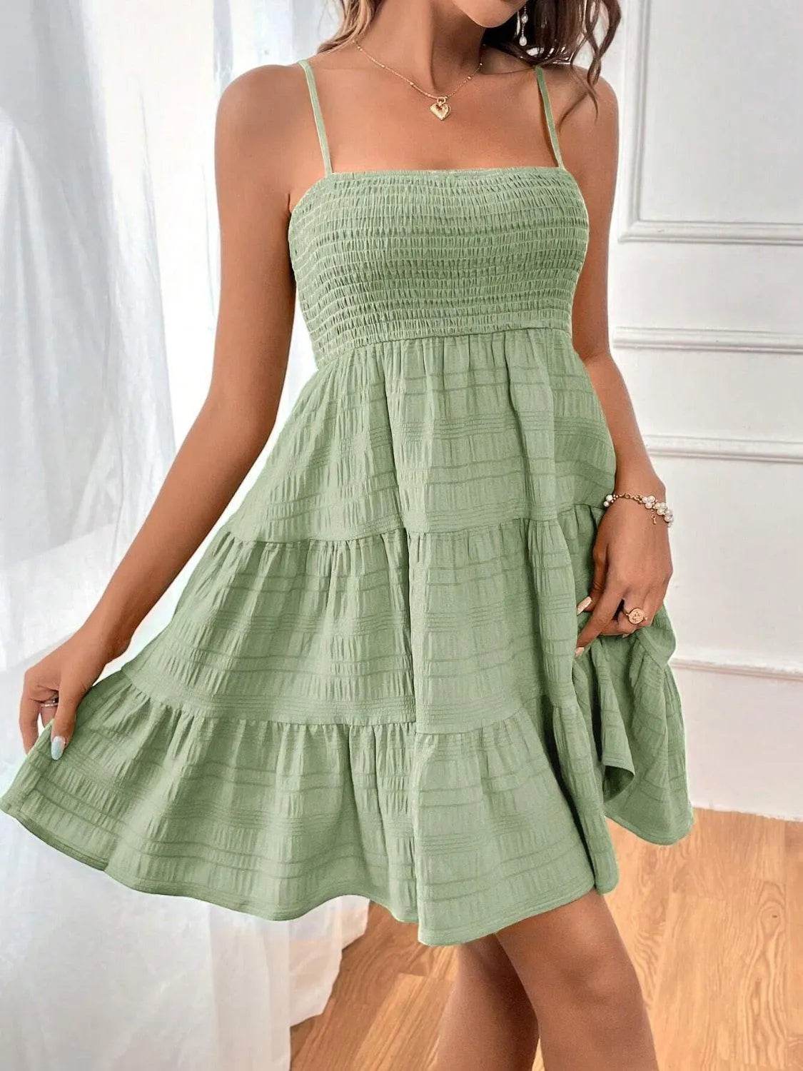 Bona Fide Fashion - Smocked Tiered Sleeveless Mini Dress - Women Fashion - Bona Fide Fashion