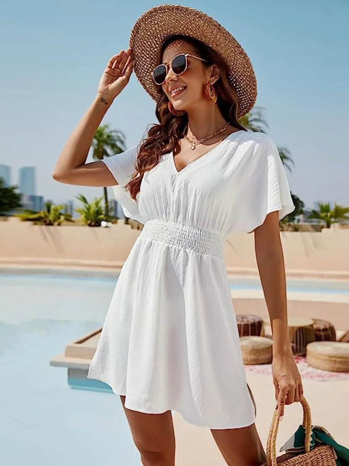 Bona Fide Fashion - Smocked V-Neck Short Sleeve Dress - Women Fashion - Bona Fide Fashion