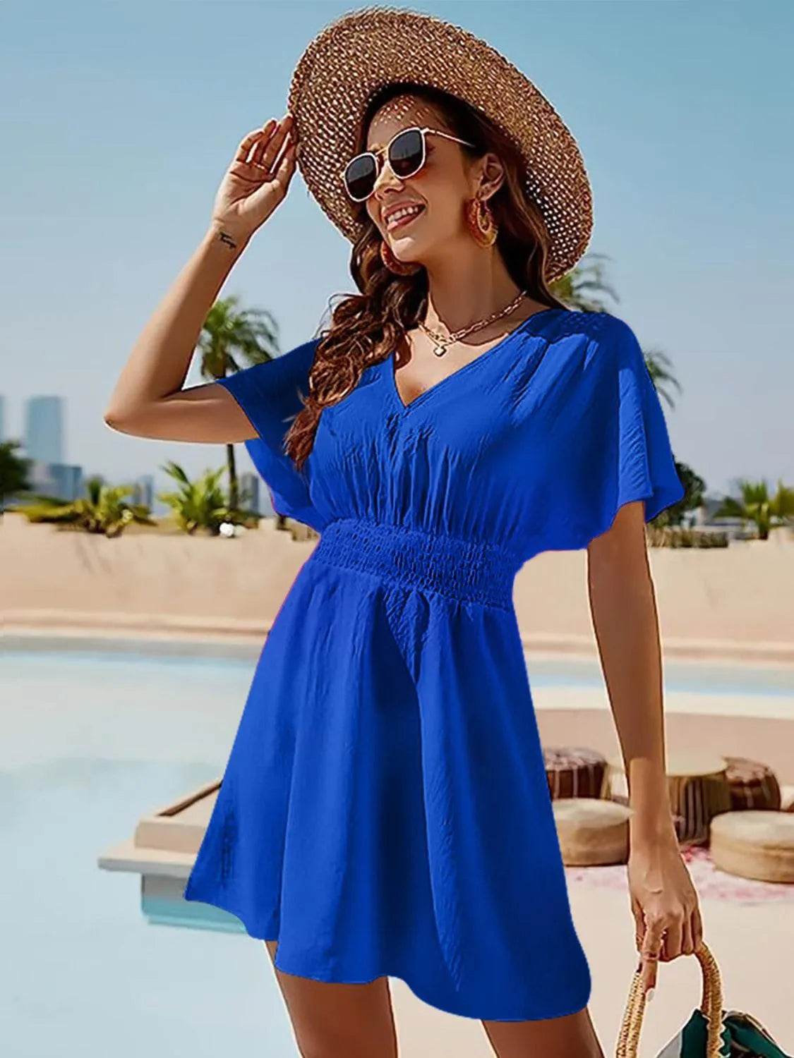 Bona Fide Fashion - Smocked V-Neck Short Sleeve Dress - Women Fashion - Bona Fide Fashion