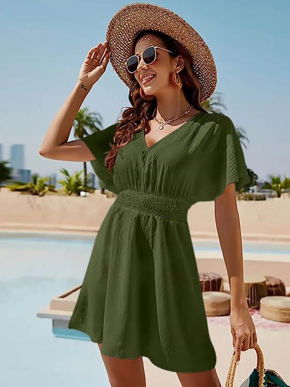Bona Fide Fashion - Smocked V-Neck Short Sleeve Dress - Women Fashion - Bona Fide Fashion