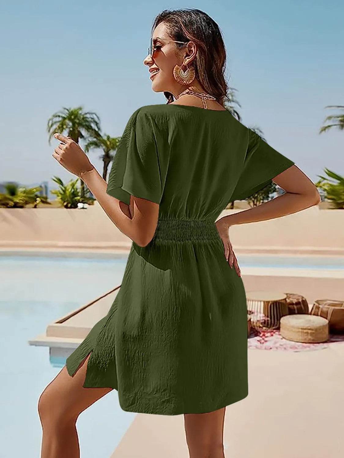 Bona Fide Fashion - Smocked V-Neck Short Sleeve Dress - Women Fashion - Bona Fide Fashion