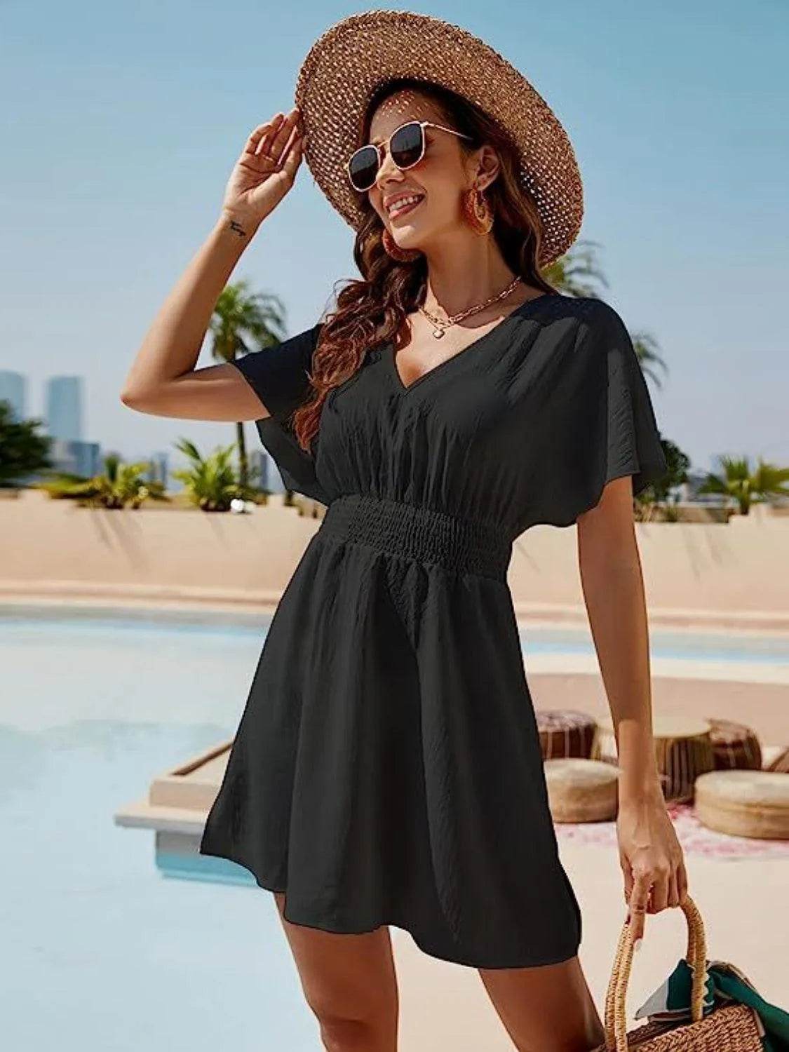 Bona Fide Fashion - Smocked V-Neck Short Sleeve Dress - Women Fashion - Bona Fide Fashion