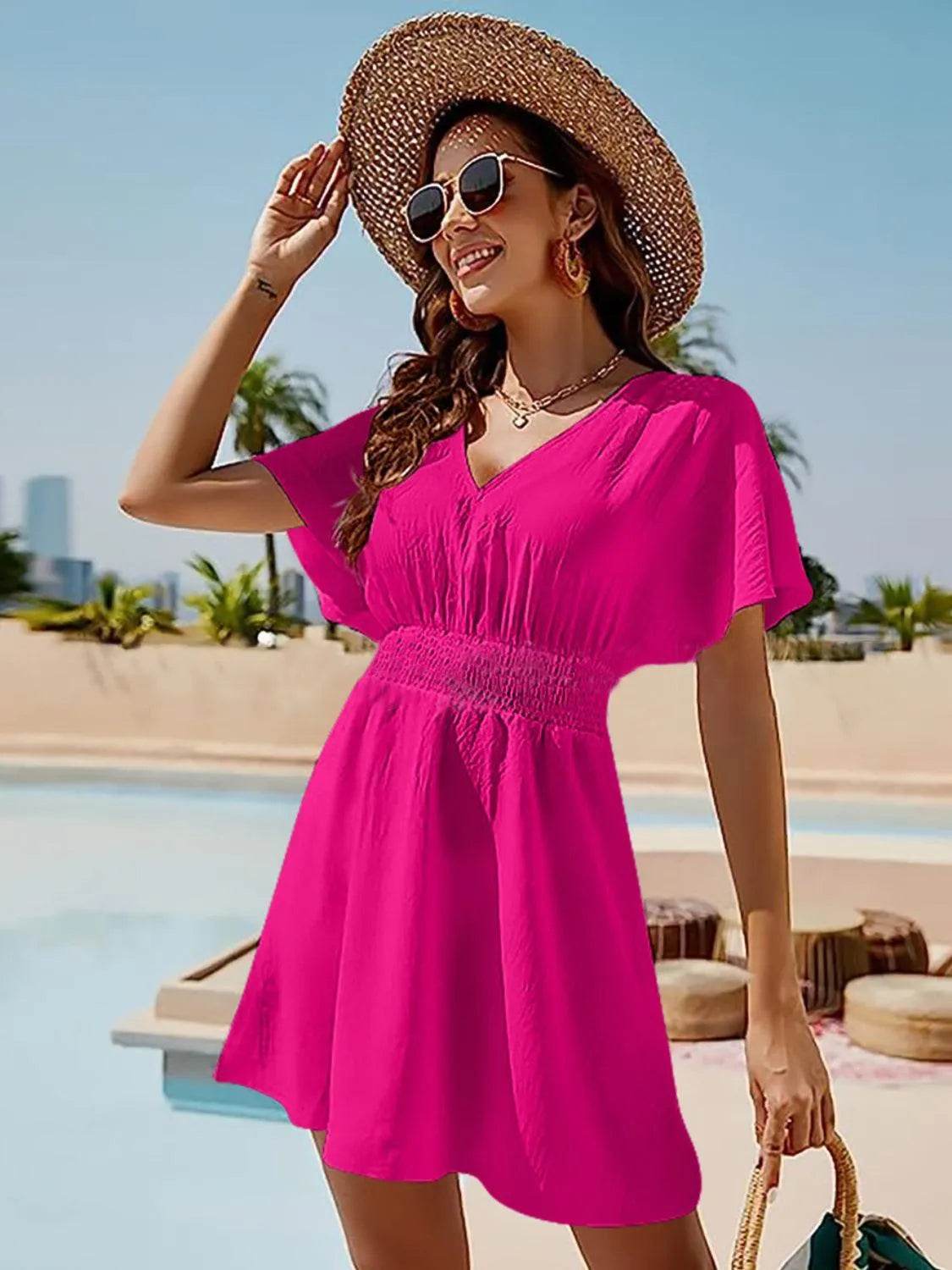 Bona Fide Fashion - Smocked V-Neck Short Sleeve Dress - Women Fashion - Bona Fide Fashion