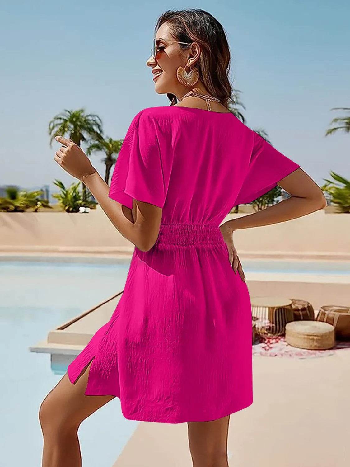 Bona Fide Fashion - Smocked V-Neck Short Sleeve Dress - Women Fashion - Bona Fide Fashion