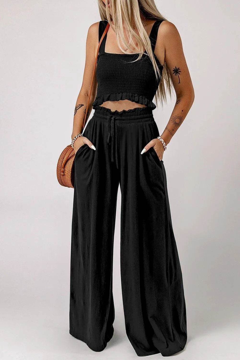 Bona Fide Fashion - Square Neck Cropped Tank Top and Long Pants Set - Women Fashion - Bona Fide Fashion