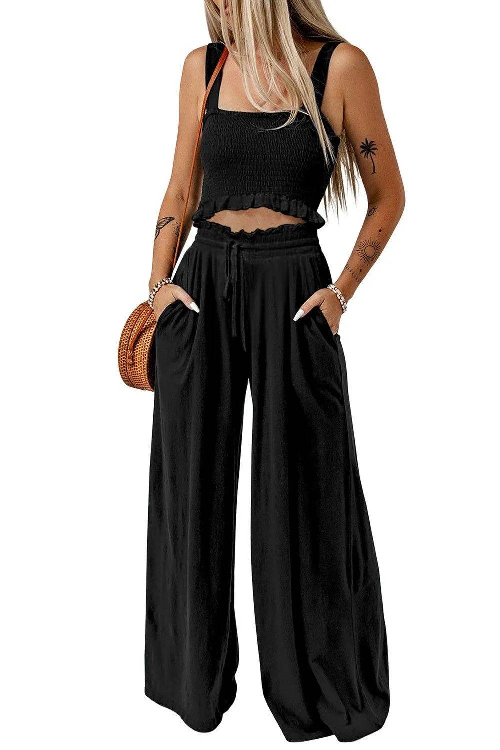 Bona Fide Fashion - Square Neck Cropped Tank Top and Long Pants Set - Women Fashion - Bona Fide Fashion