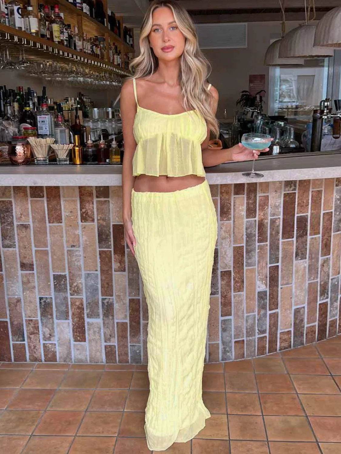 Bona Fide Fashion - Square Neck Sleeveless Top and Ruched Skirt Set - Women Fashion - Bona Fide Fashion