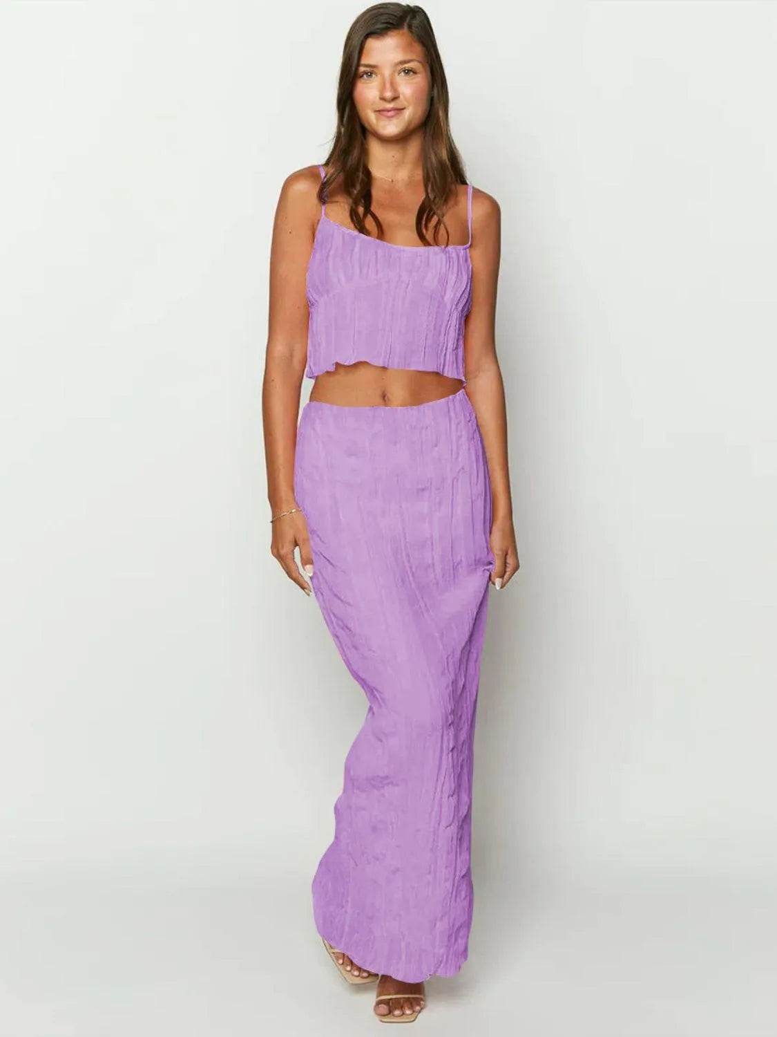 Bona Fide Fashion - Square Neck Sleeveless Top and Ruched Skirt Set - Women Fashion - Bona Fide Fashion