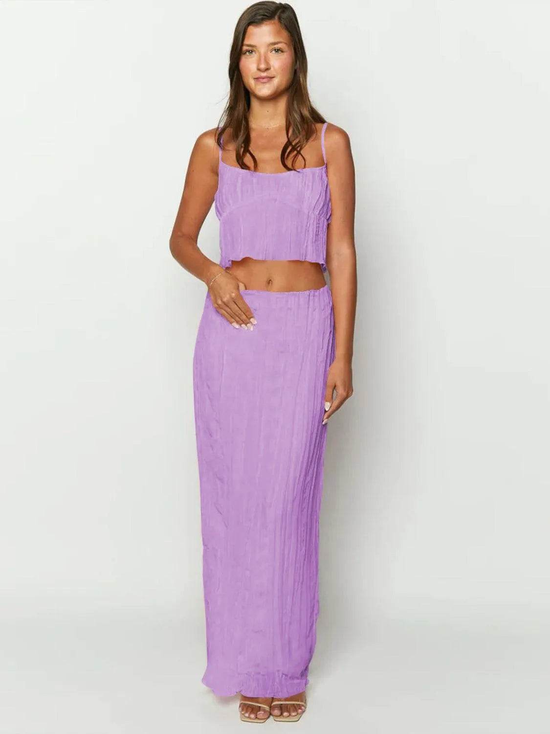 Bona Fide Fashion - Square Neck Sleeveless Top and Ruched Skirt Set - Women Fashion - Bona Fide Fashion