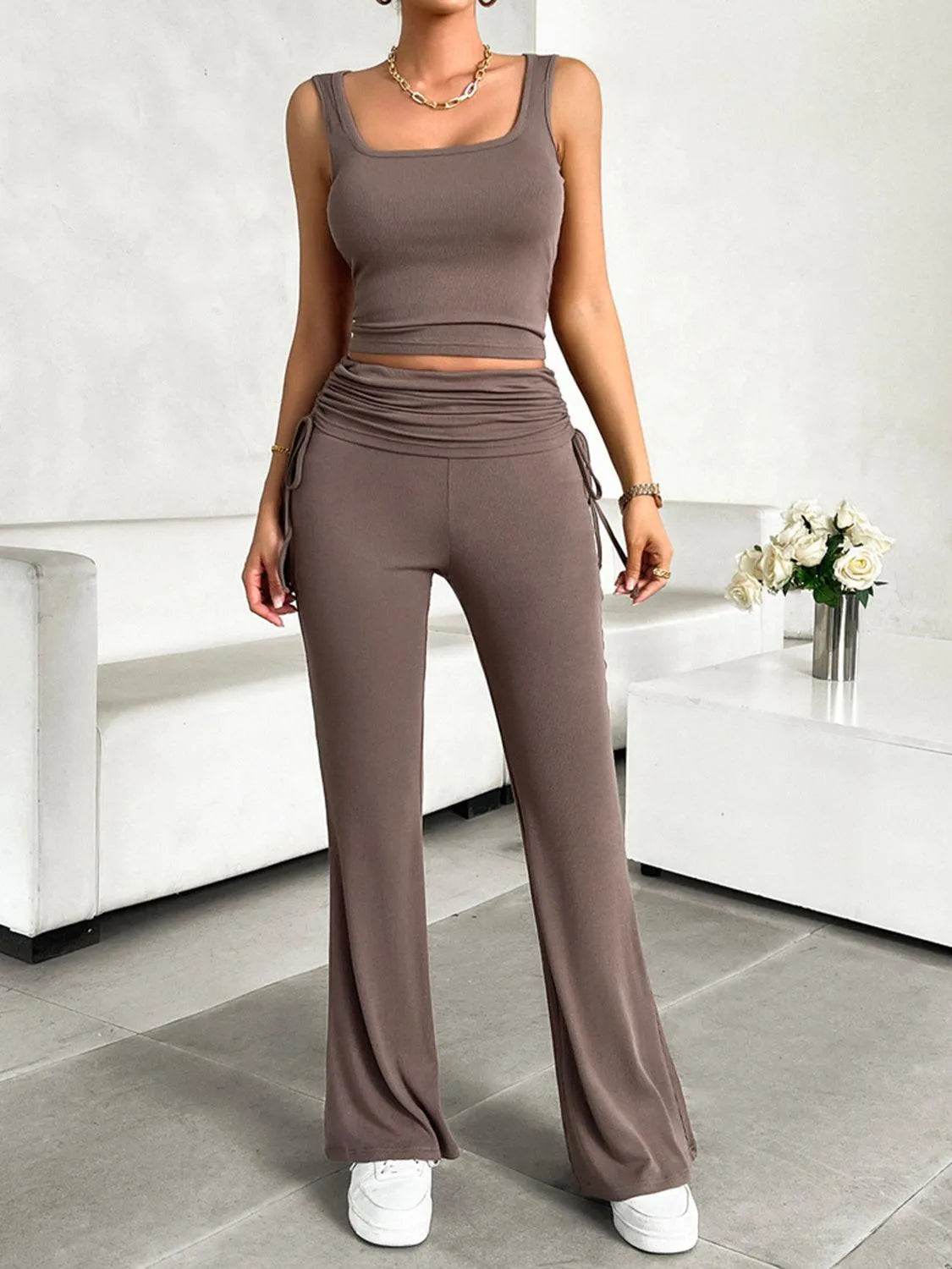 Bona Fide Fashion - Square Neck Tank and Drawstring Pants Set - Women Fashion - Bona Fide Fashion