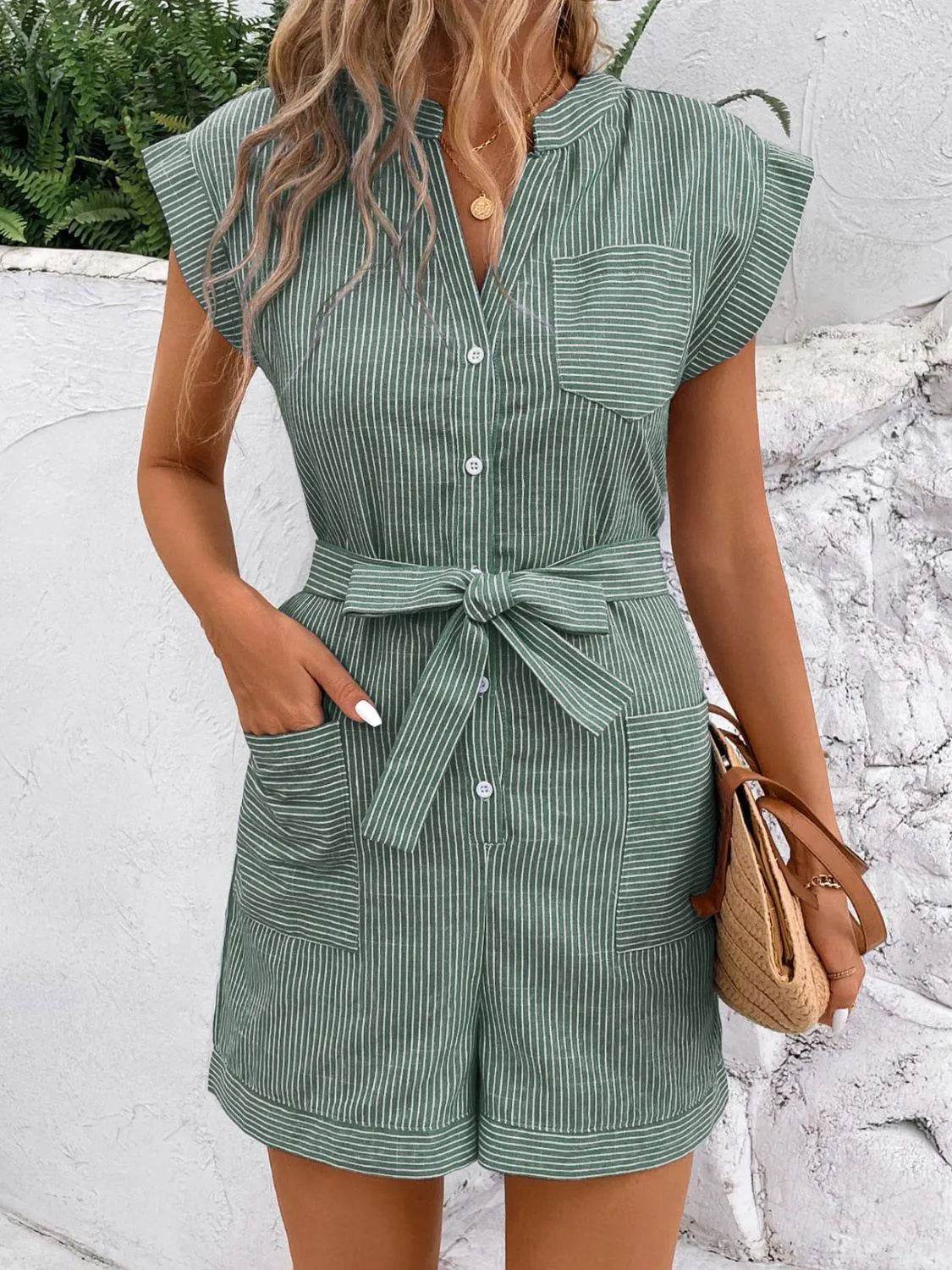 Bona Fide Fashion - Striped Notched Tie Waist Romper - Women Fashion - Bona Fide Fashion