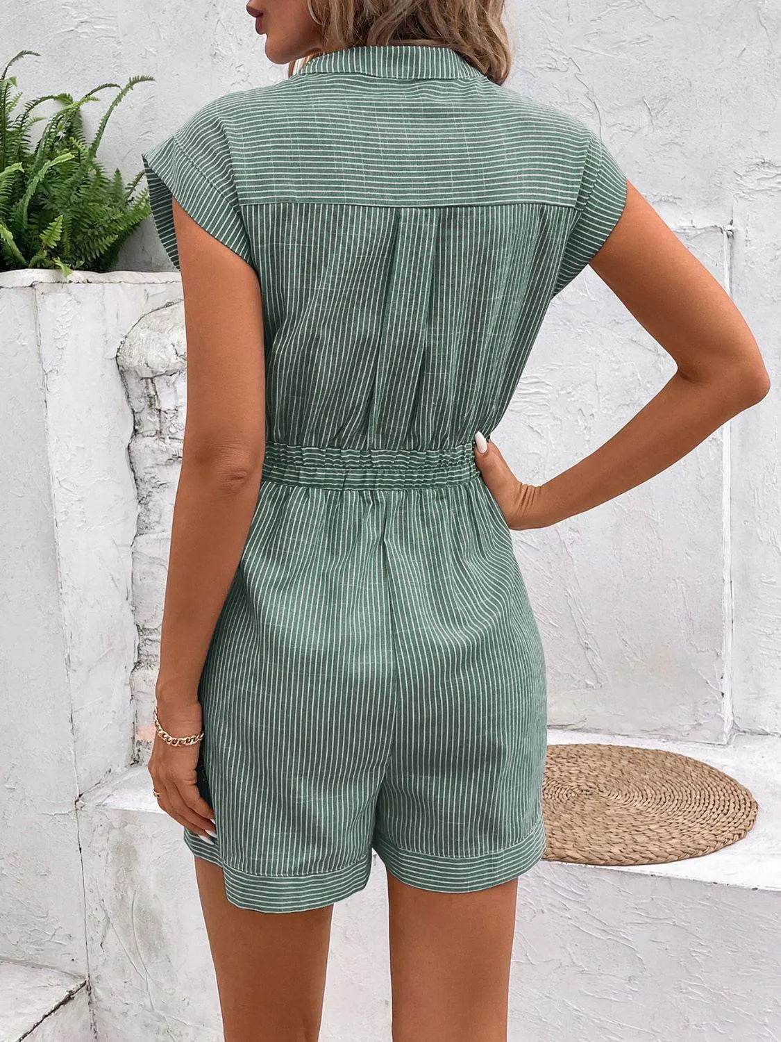 Bona Fide Fashion - Striped Notched Tie Waist Romper - Women Fashion - Bona Fide Fashion