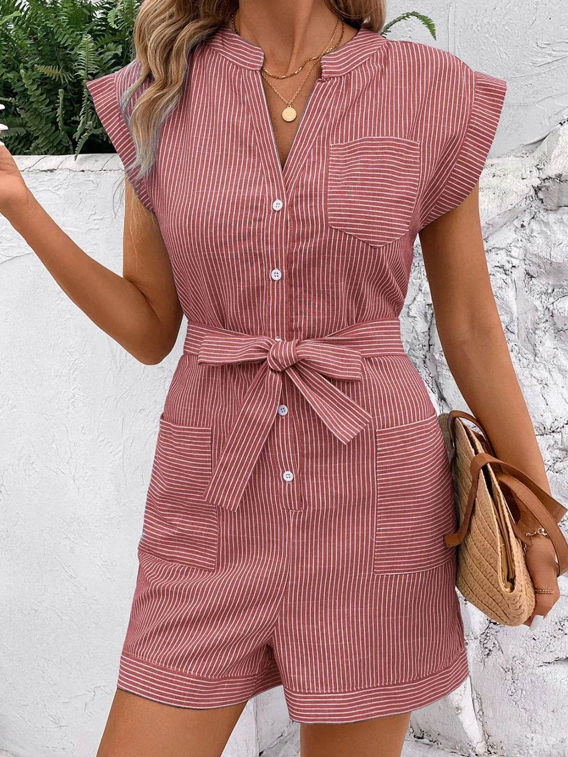 Bona Fide Fashion - Striped Notched Tie Waist Romper - Women Fashion - Bona Fide Fashion