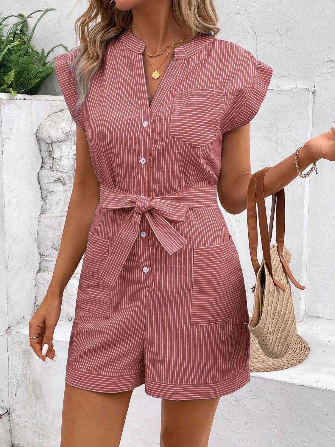 Bona Fide Fashion - Striped Notched Tie Waist Romper - Women Fashion - Bona Fide Fashion
