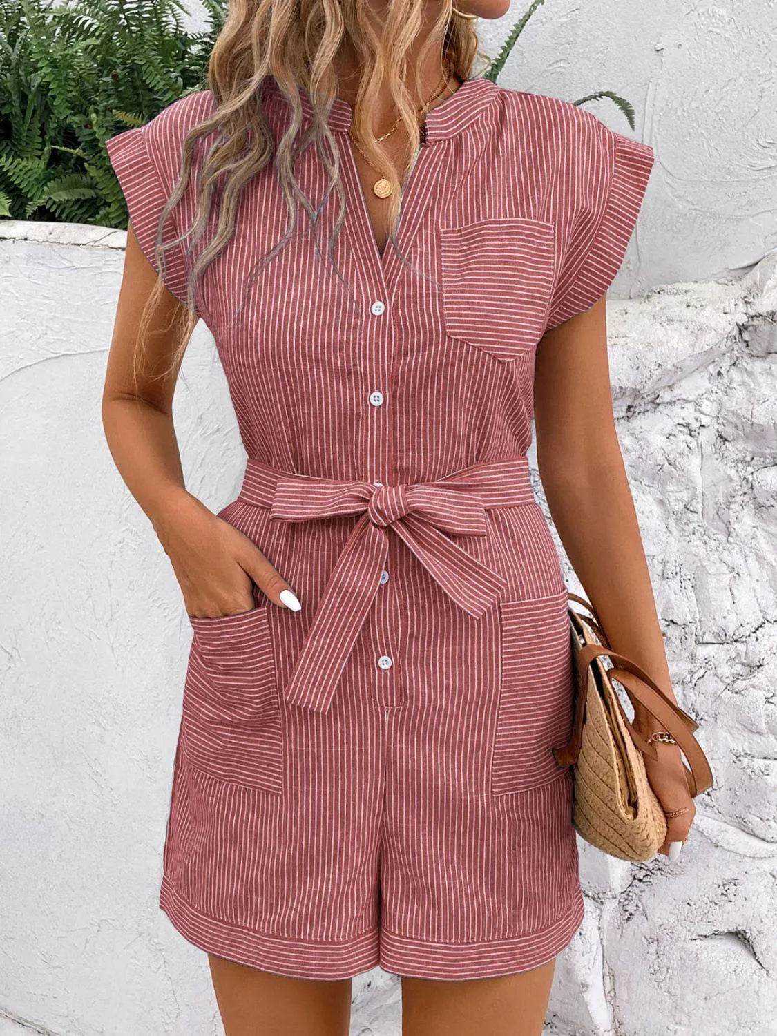 Bona Fide Fashion - Striped Notched Tie Waist Romper - Women Fashion - Bona Fide Fashion