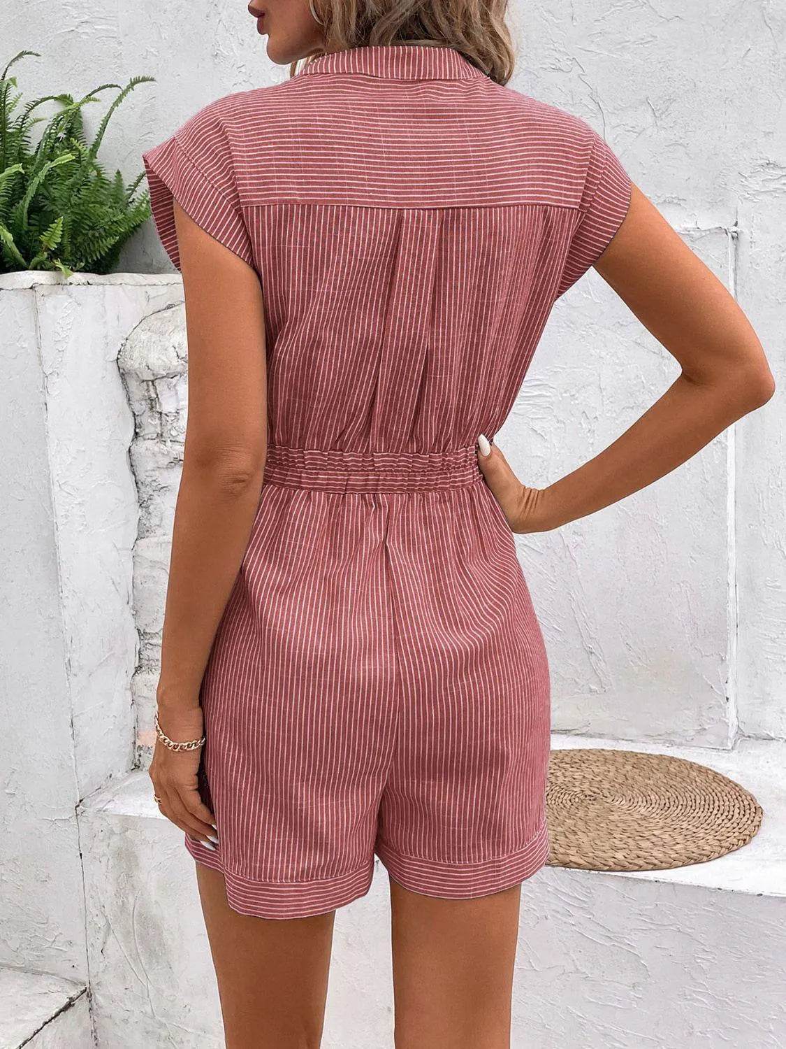 Bona Fide Fashion - Striped Notched Tie Waist Romper - Women Fashion - Bona Fide Fashion