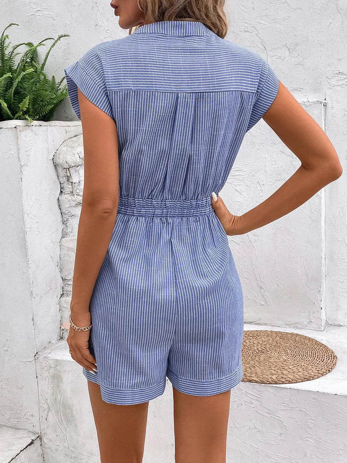 Bona Fide Fashion - Striped Notched Tie Waist Romper - Women Fashion - Bona Fide Fashion