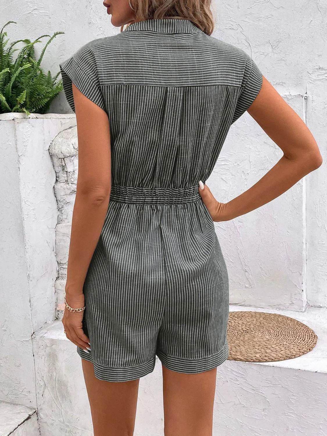 Bona Fide Fashion - Striped Notched Tie Waist Romper - Women Fashion - Bona Fide Fashion