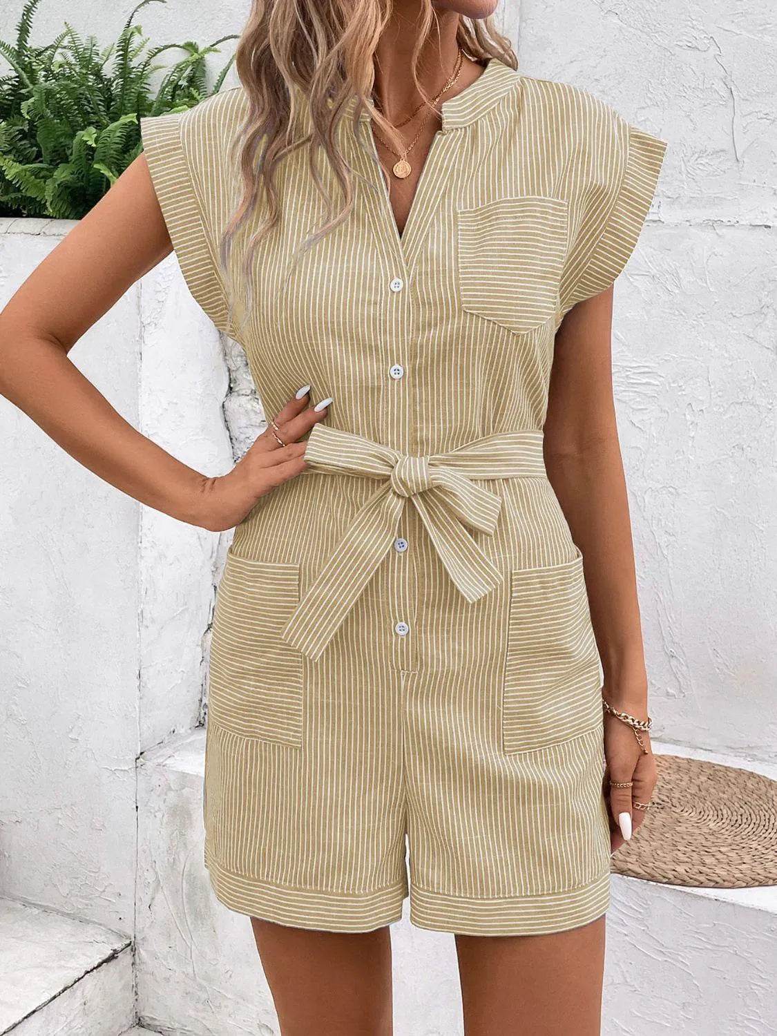 Bona Fide Fashion - Striped Notched Tie Waist Romper - Women Fashion - Bona Fide Fashion