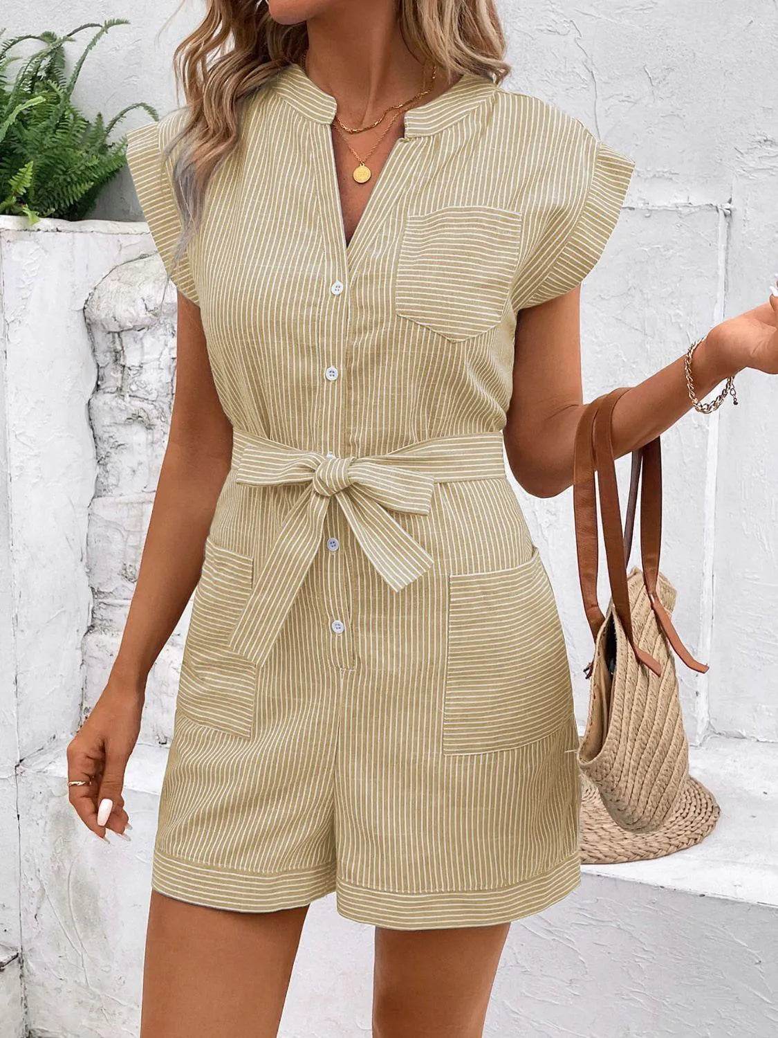 Bona Fide Fashion - Striped Notched Tie Waist Romper - Women Fashion - Bona Fide Fashion