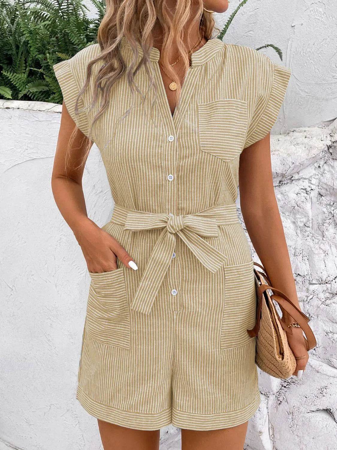 Bona Fide Fashion - Striped Notched Tie Waist Romper - Women Fashion - Bona Fide Fashion