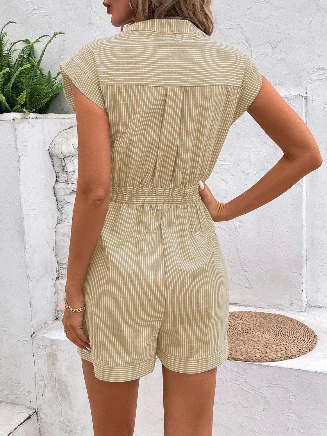 Bona Fide Fashion - Striped Notched Tie Waist Romper - Women Fashion - Bona Fide Fashion