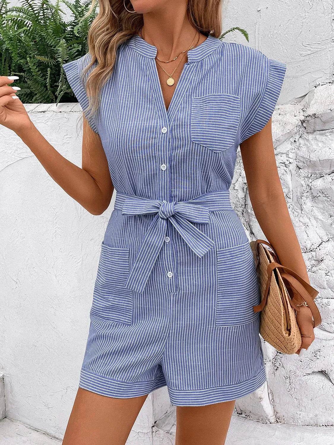 Bona Fide Fashion - Striped Notched Tie Waist Romper - Women Fashion - Bona Fide Fashion