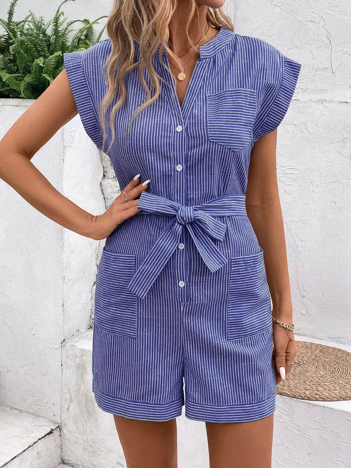 Bona Fide Fashion - Striped Notched Tie Waist Romper - Women Fashion - Bona Fide Fashion