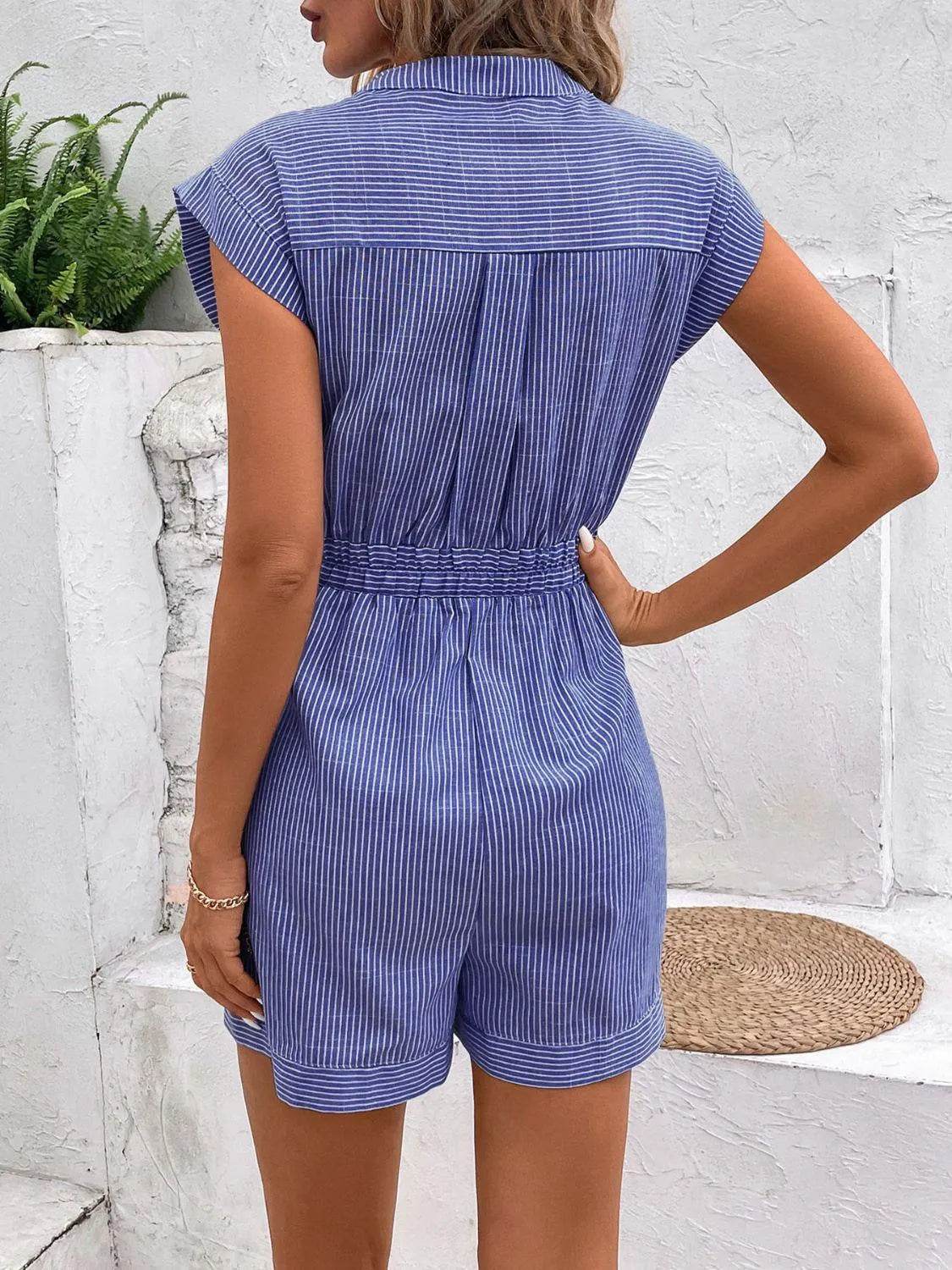 Bona Fide Fashion - Striped Notched Tie Waist Romper - Women Fashion - Bona Fide Fashion